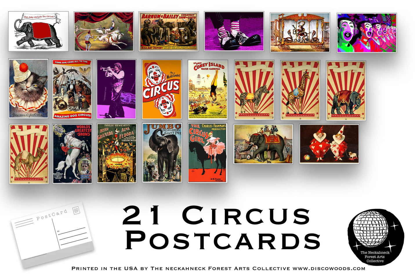 Circus Postcard set - 21 postcards featuring circus poster art, animals and clowns - gift set - scrapbooking - collage kit