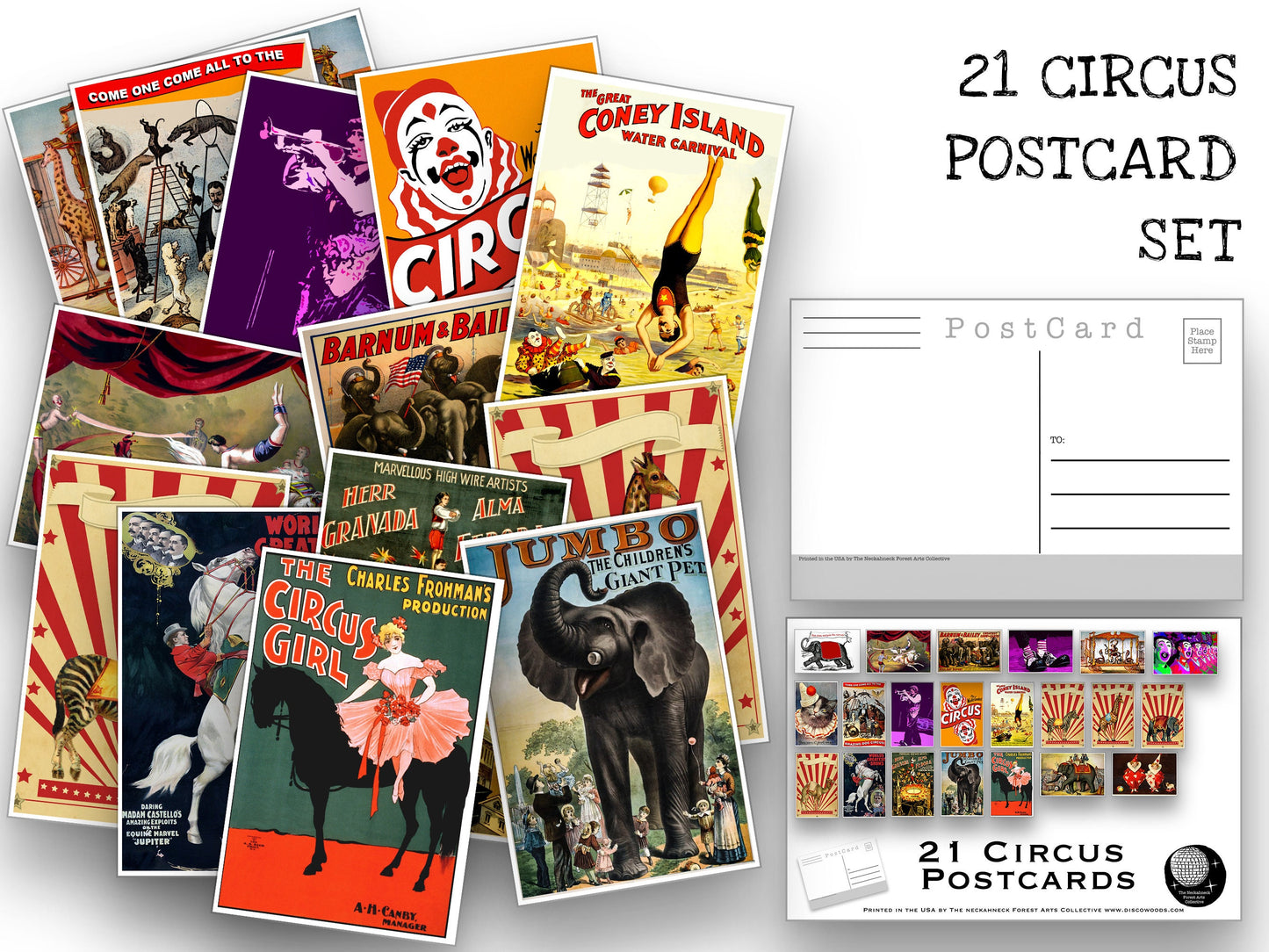 Circus Postcard set - 21 postcards featuring circus poster art, animals and clowns - gift set - scrapbooking - collage kit