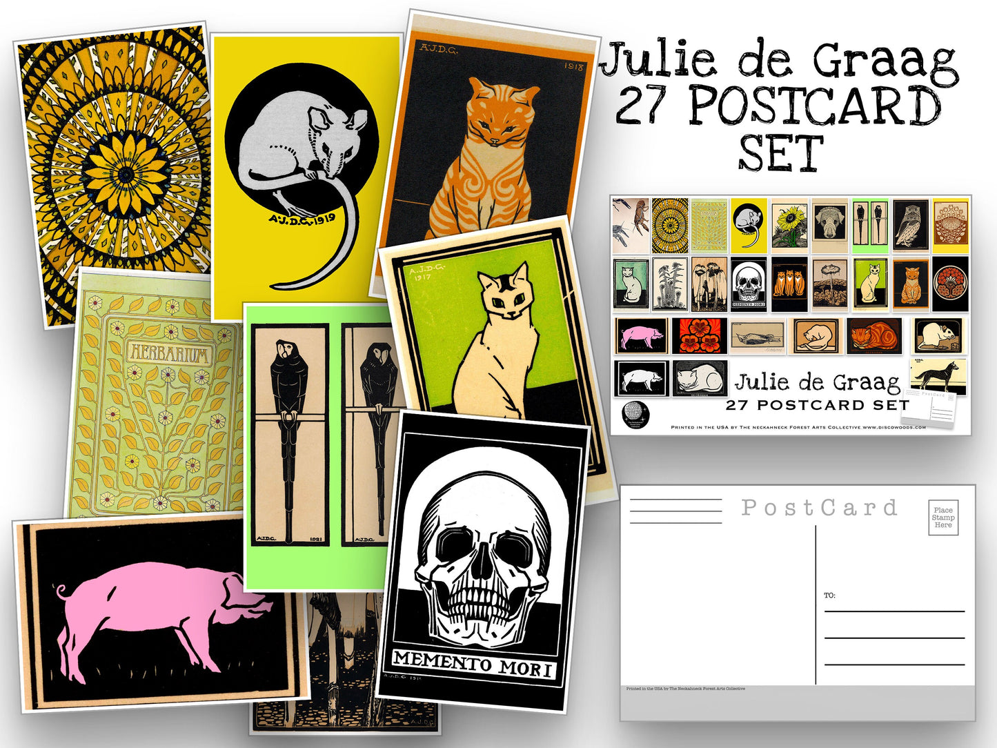 Julie de Graag Postcard Set - Set of 27 Postcards from Dutch artist - Scrapbooking Post Cards - Artist - animal postcards - home decor
