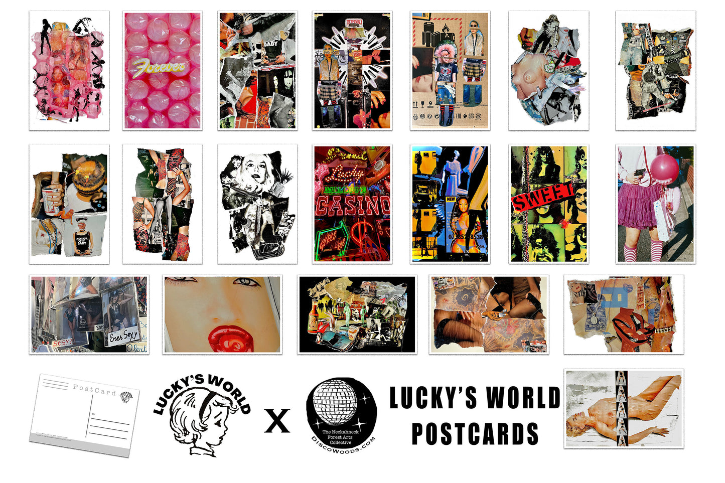 20 Luckys World Postcards - Set of 26 Artist Post cards - Hand cut artwork - collage art - Scrapbooking - Artist Design Postcard