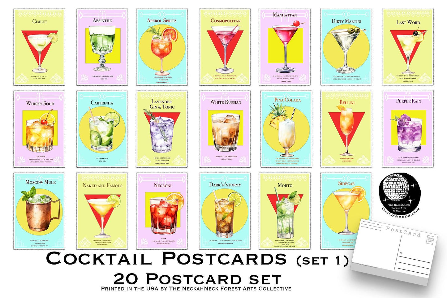 Cocktail Recipes (Set 1) Postcards  – Set of 20