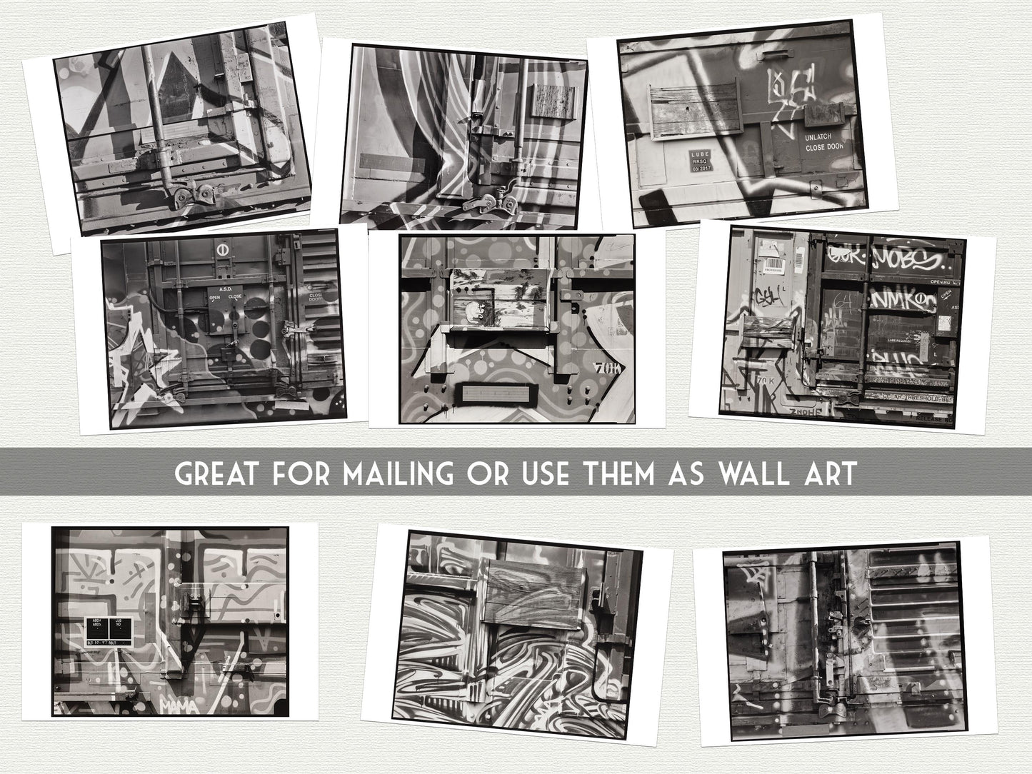Boxcar Postcards by Allen Phillips – 20 Black & White Industrial Postcard set - Contemporary Art - graffiti Art - 20 Unique Artworks
