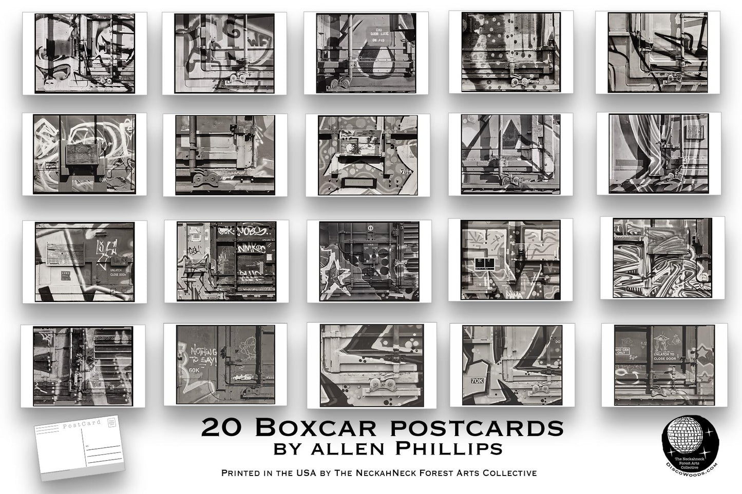 Boxcar Postcards by Allen Phillips – 20 Black & White Industrial Postcard set - Contemporary Art - graffiti Art - 20 Unique Artworks