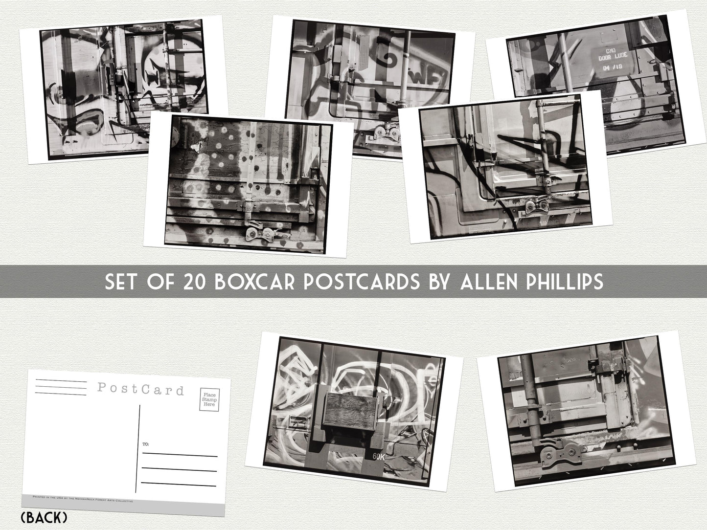 Boxcar Postcards by Allen Phillips – 20 Black & White Industrial Postcard set - Contemporary Art - graffiti Art - 20 Unique Artworks