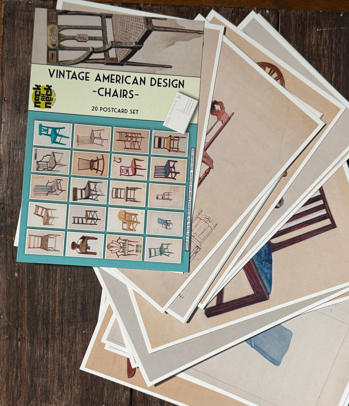 Vintage American Chair Postcard Set — 20 Illustrated Chair Postcards — Index of American Design — Furniture & Rustic Art Prints