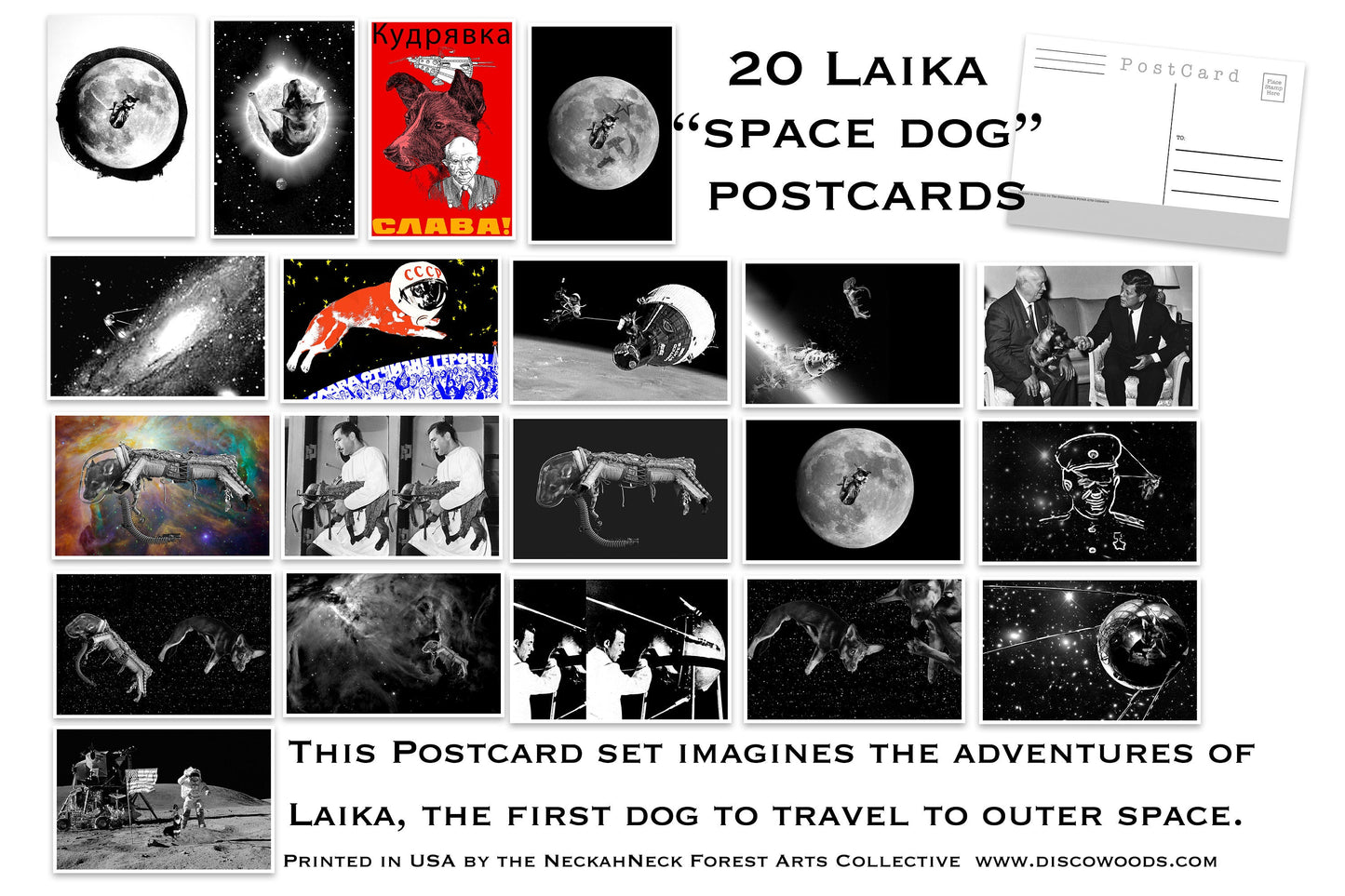 Space Dog Postcard Set - Set of 20 Postcards - Laika the First Dog in Space - Adventure - Scrapbooking Post Cards - Space Dog