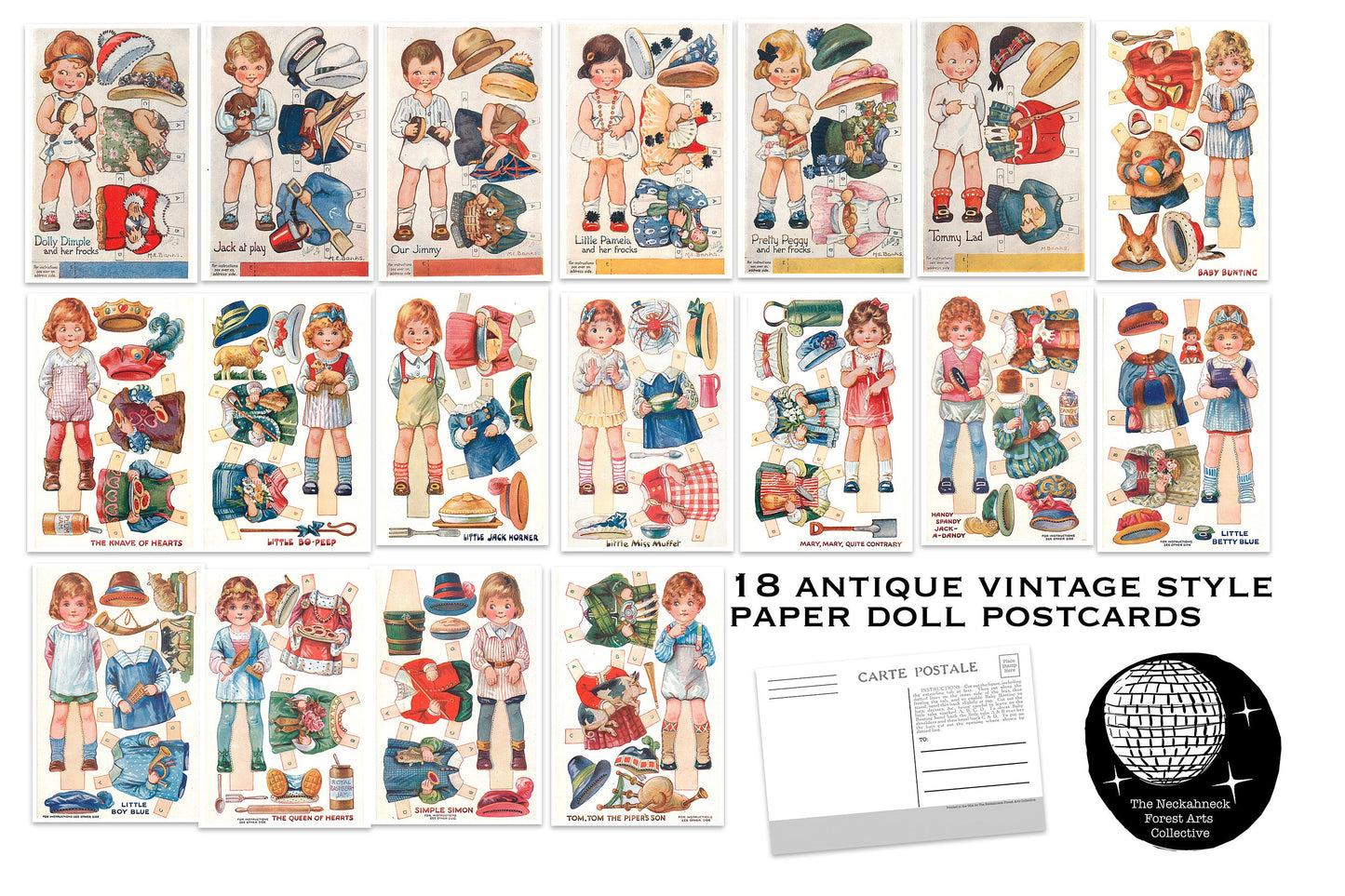 Paper Dolls Postcards - Set of 18 Postcards - Vintage - Scrapbooking Post Cards - Mail them cut them out or collage them