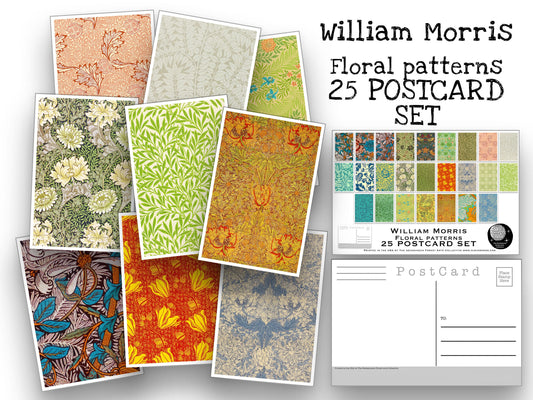 Floral Pattern Postcard Set - Set of 25 Artist Postcards - William Morris pattern art - flower prints -Scrapbooking - Vintage - art deco