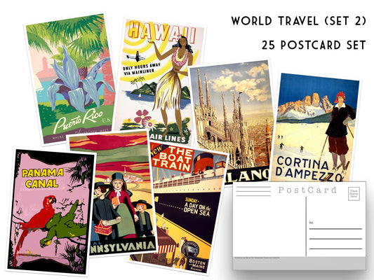 World Travel (Set 2) - NEW Set of 25 Postcards - Vintage - Travel - Scrapbooking - Post Cards - Adventure - homer decor - post card set