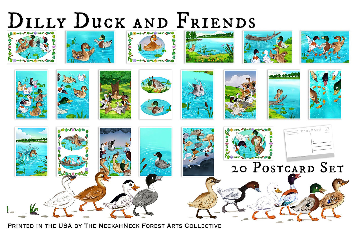 Dilly Duck and Friends Postcards Set - Set of 20 cartoon Post cards - duck lovers - gift for kids - Scrapbook - learn to read - home decor