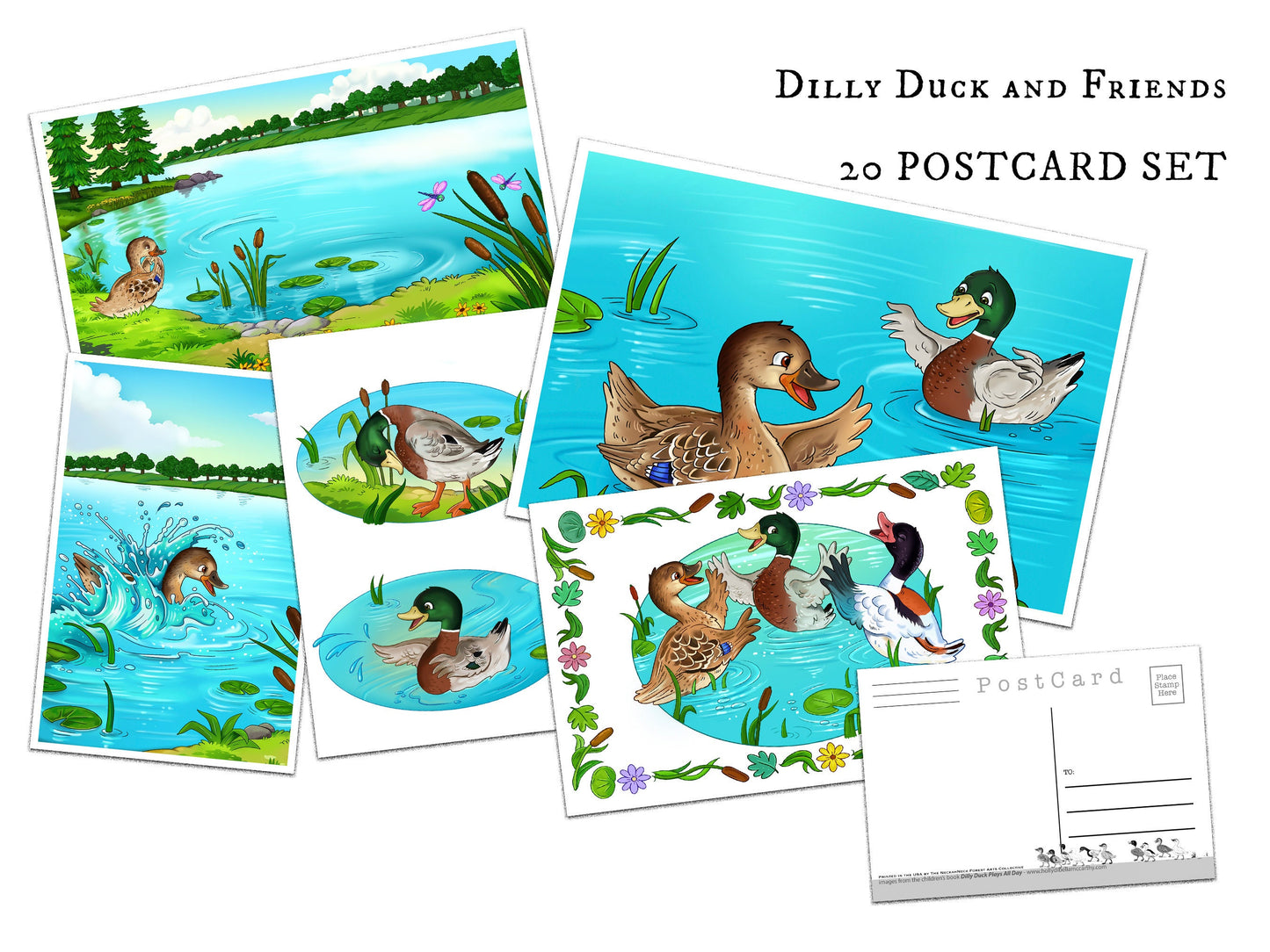 Dilly Duck and Friends Postcards Set - Set of 20 cartoon Post cards - duck lovers - gift for kids - Scrapbook - learn to read - home decor