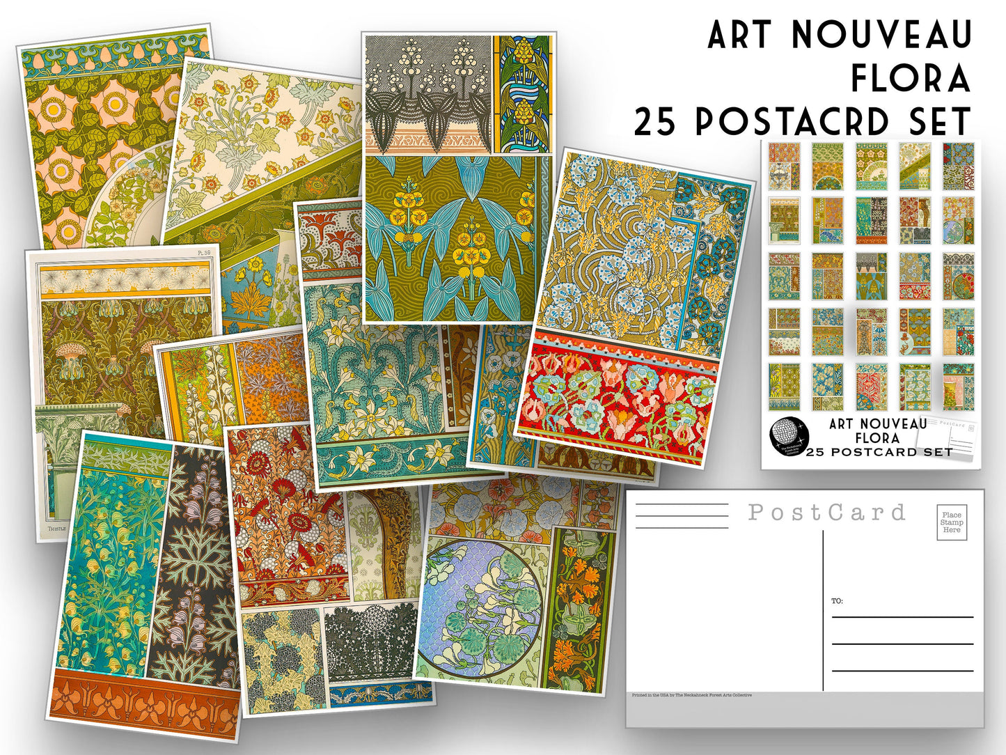 Art Nouveau Flora Postcard Set - Set of 25 Artist Postcards - floral patterns - Maurice Verneuil -Scrapbooking - Vintage - art deco