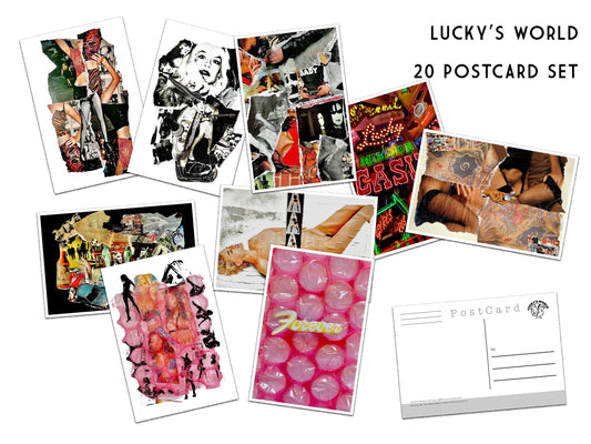 20 Luckys World Postcards - Set of 26 Artist Post cards - Hand cut artwork - collage art - Scrapbooking - Artist Design Postcard