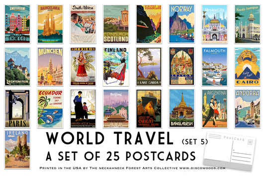 World Travel Postcard (Set 5) - Set of 25 Postcards - Vintage - Travel - Scrapbooking Post Cards - Adventure - home decor