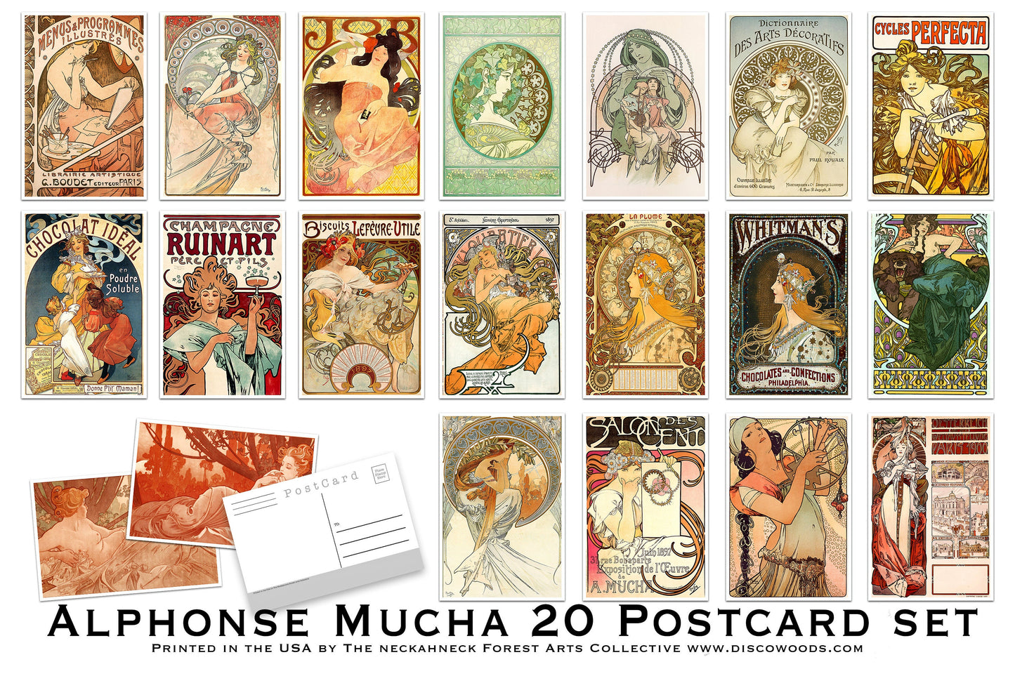 Art Nouveau Postcard Set - Set of 20 Artist Postcards of Alphonse Mucha paintings - Fine Art -decorative Post Cards - illustration postcards