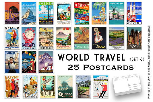 World Travel Postcard (Set 6) - Set of 25 Postcards - Vintage - Travel - Scrapbooking Post Cards - Adventure - home decor