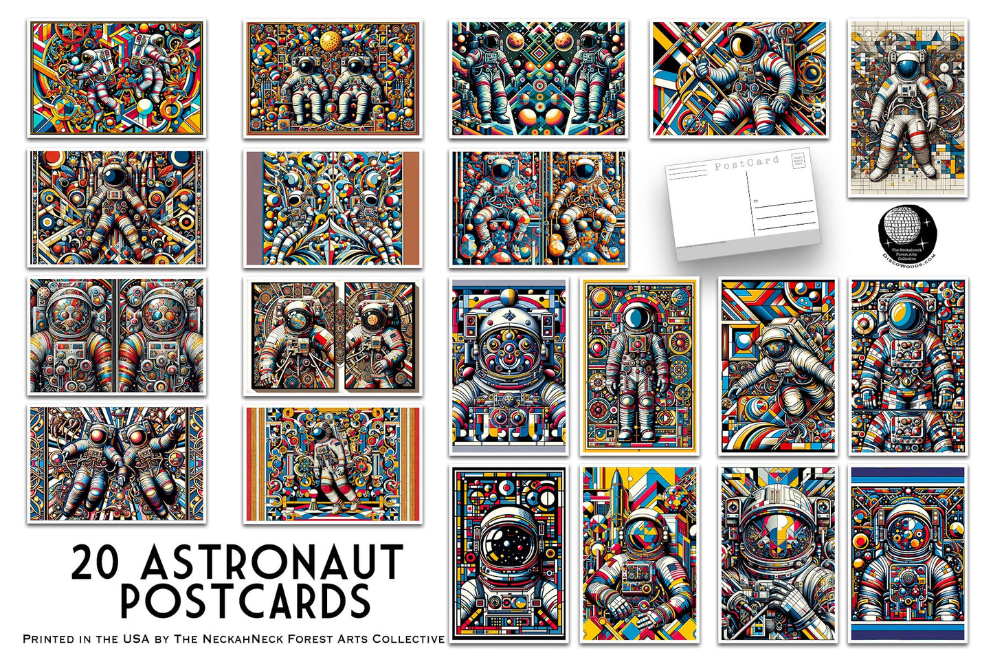 20 Astronaut Postcards - Set of 20 Post cards - Outer Space Post Cards - NASA - Astronaut - JPL - psychedelic - bright and colorful