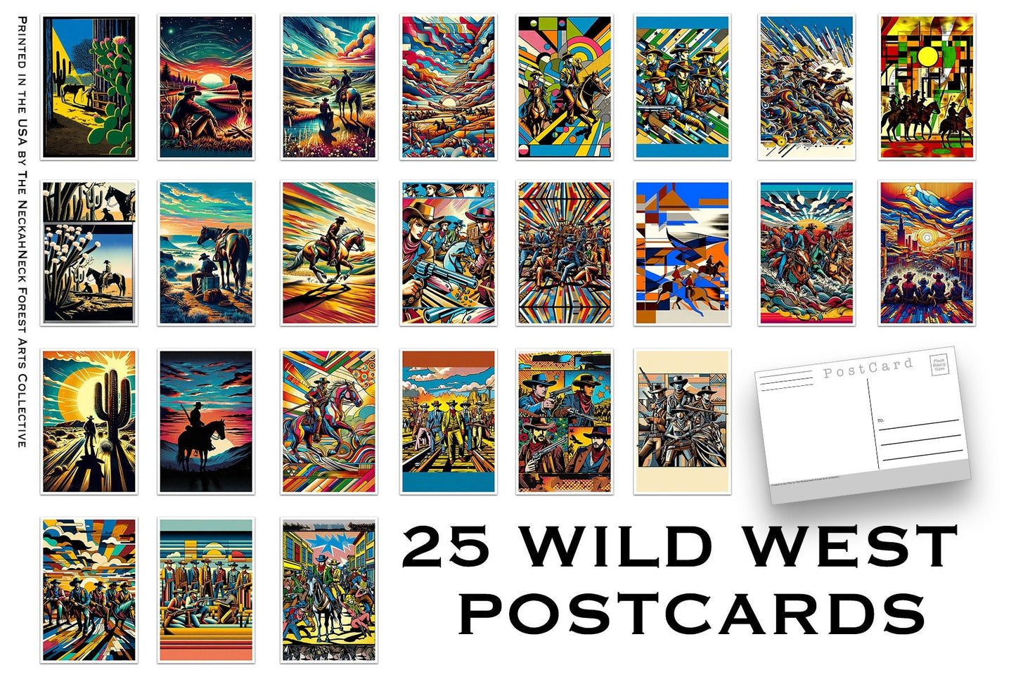 25 Wild West Postcards - 25 Post card Set - full color - bright beautiful prints - pop art -silk screen style cards - cowboys and cowgirls