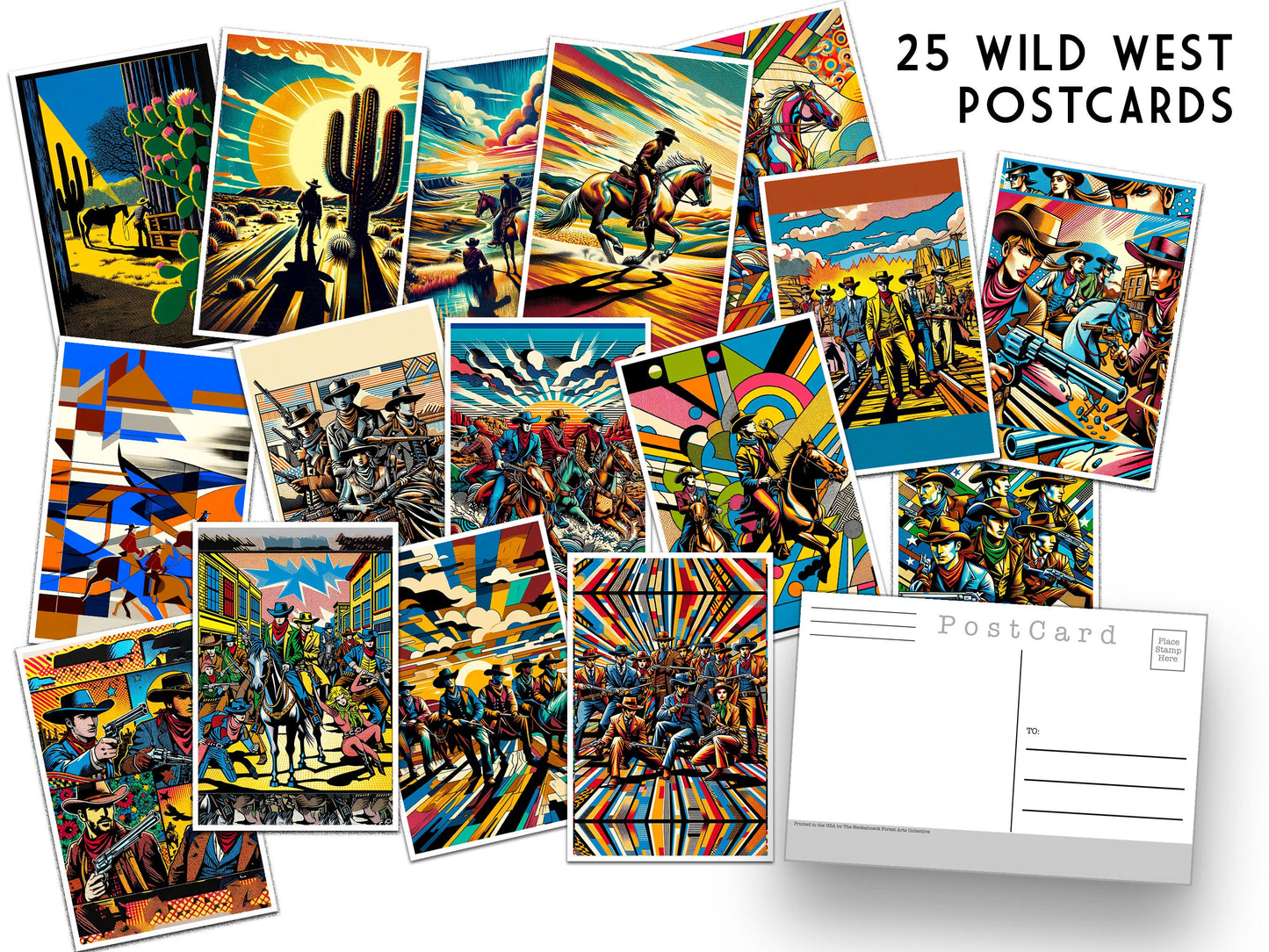 25 Wild West Postcards - 25 Post card Set - full color - bright beautiful prints - pop art -silk screen style cards - cowboys and cowgirls