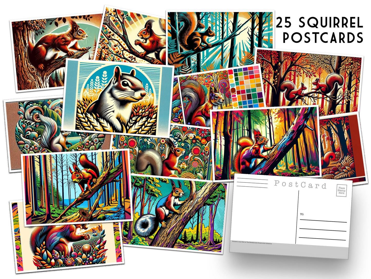 25 Squirrel Postcards - Set of 25 Squirrel Post cards - Animal prints - pop art - Art Nouveau Design Postcard - home decor -junk journals