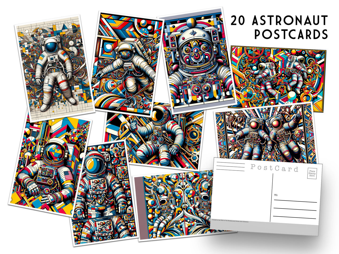 20 Astronaut Postcards - Set of 20 Post cards - Outer Space Post Cards - NASA - Astronaut - JPL - psychedelic - bright and colorful