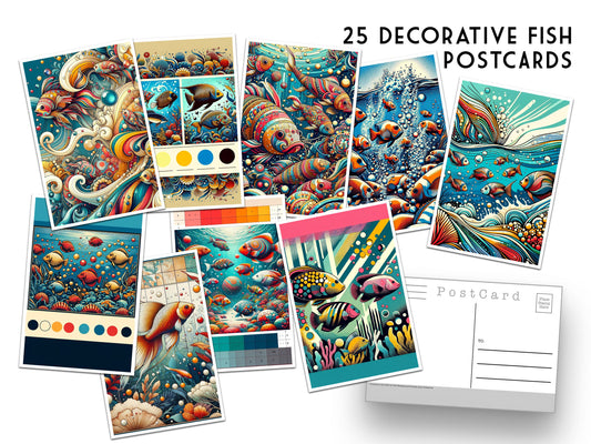 25 Fish Postcards - set of 25 decorative fish post cards - Outdoors - Nature - ornate - Wall Art - Scrapbook - junk journal -bright colorful