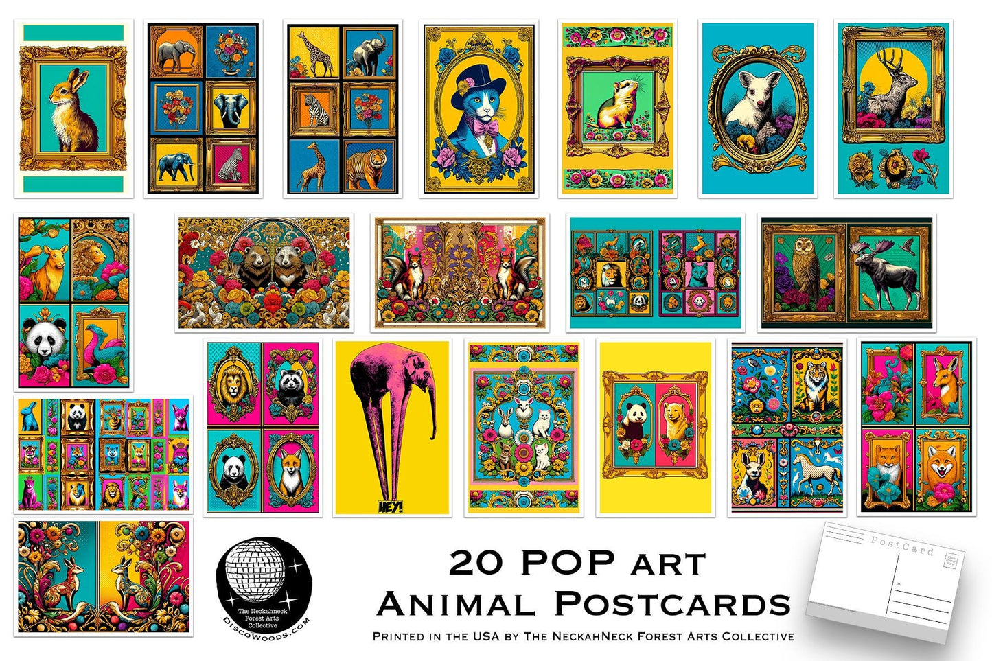 Pop Art Animal Postcards – 20 Vibrant Animal Art Prints - Colorful Pop Art Postcards – 20 Unique Animal Designs