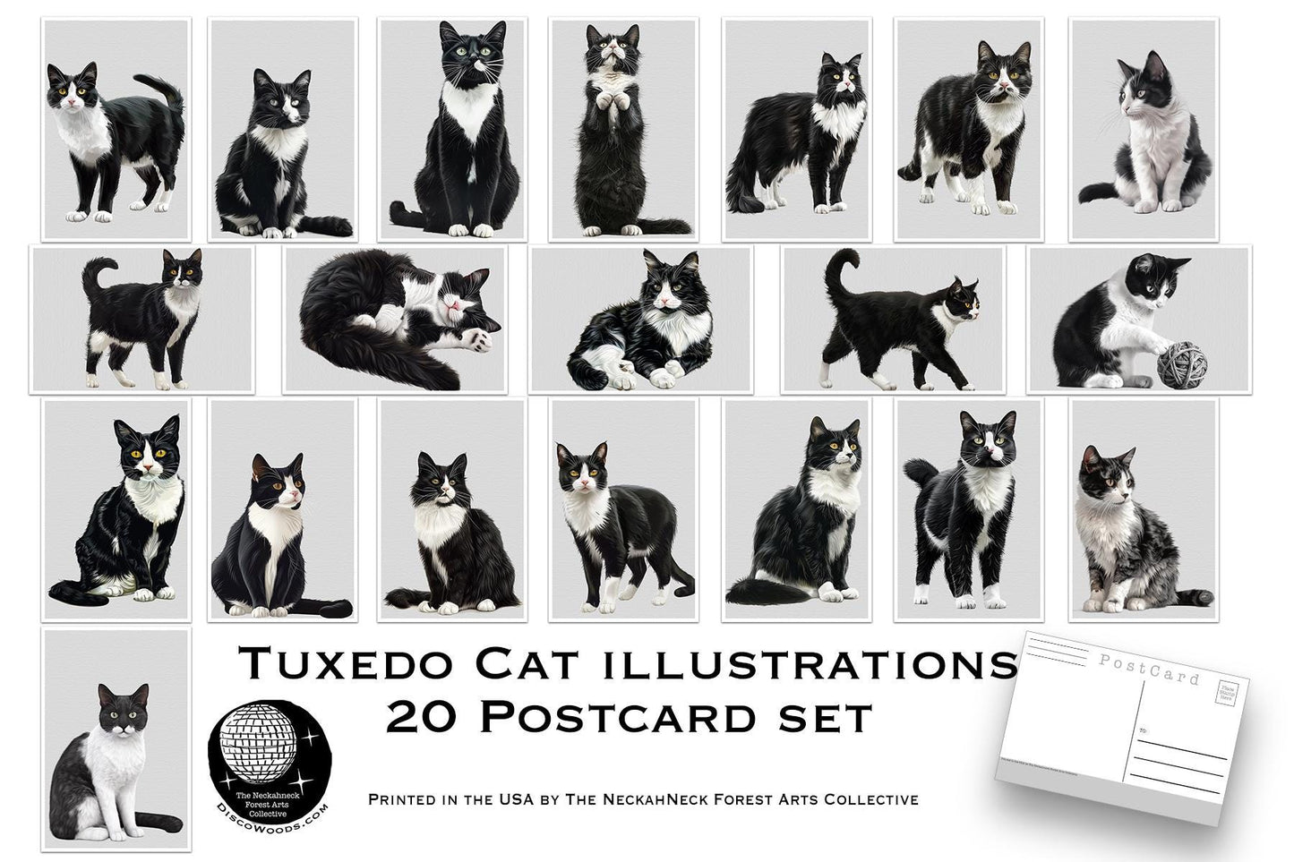 Tuxedo Cat Postcards – 20 Illustrated Cat Art Print Post cards -20 Postcard set - Scrapbooking - Letter Writing