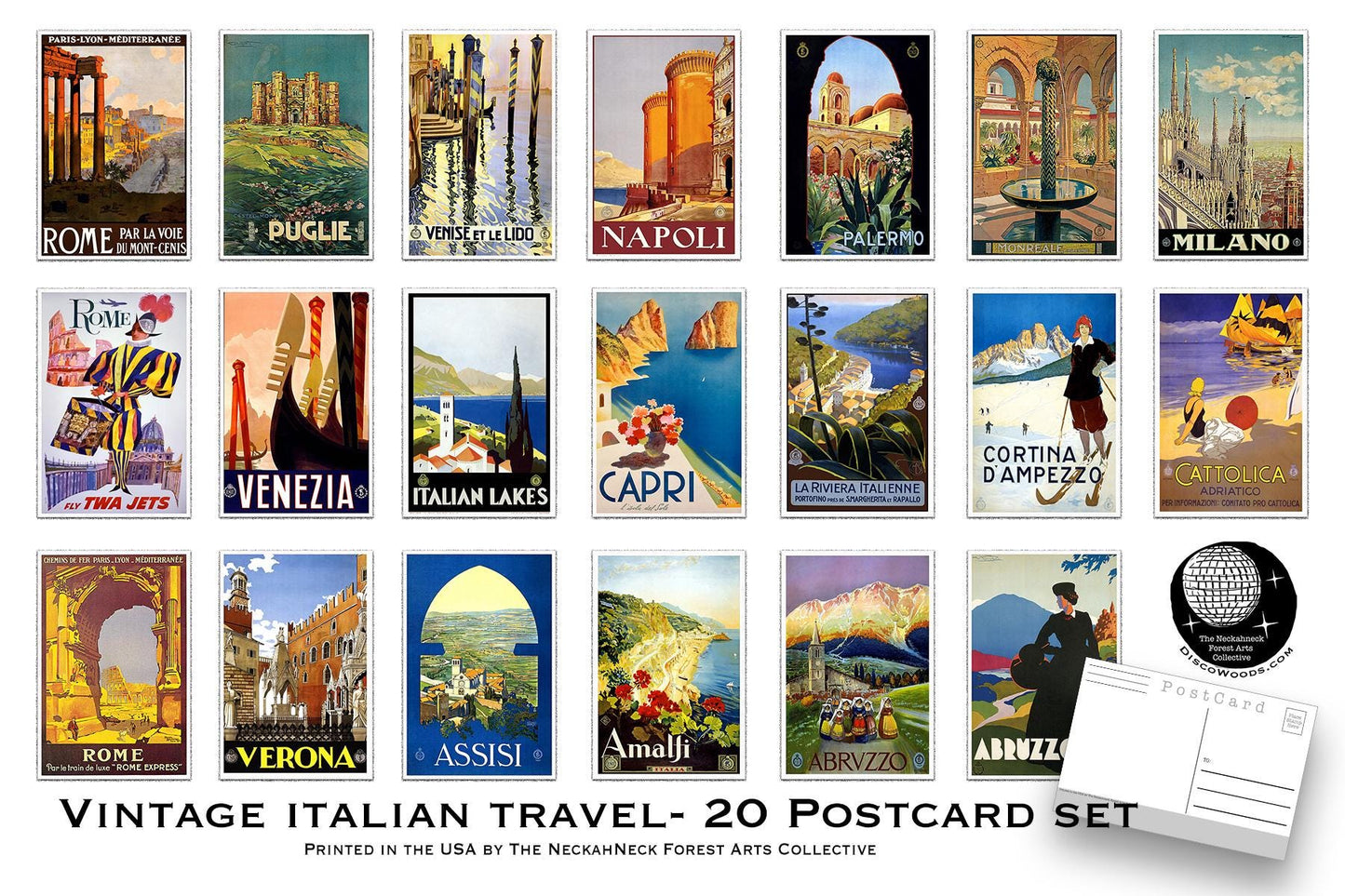 Vintage Italian Travel Postcards – 20 Retro Tourism Prints - set of 20 Italian Travel Poster art - Retro travel art - Italian travel gifts