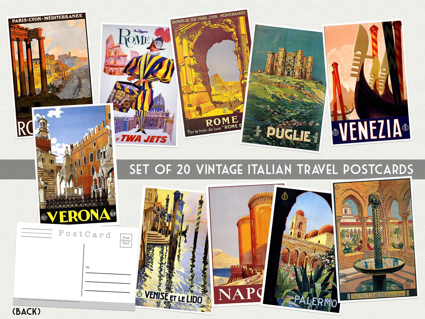 Vintage Italian Travel Postcards – 20 Retro Tourism Prints - set of 20 Italian Travel Poster art - Retro travel art - Italian travel gifts