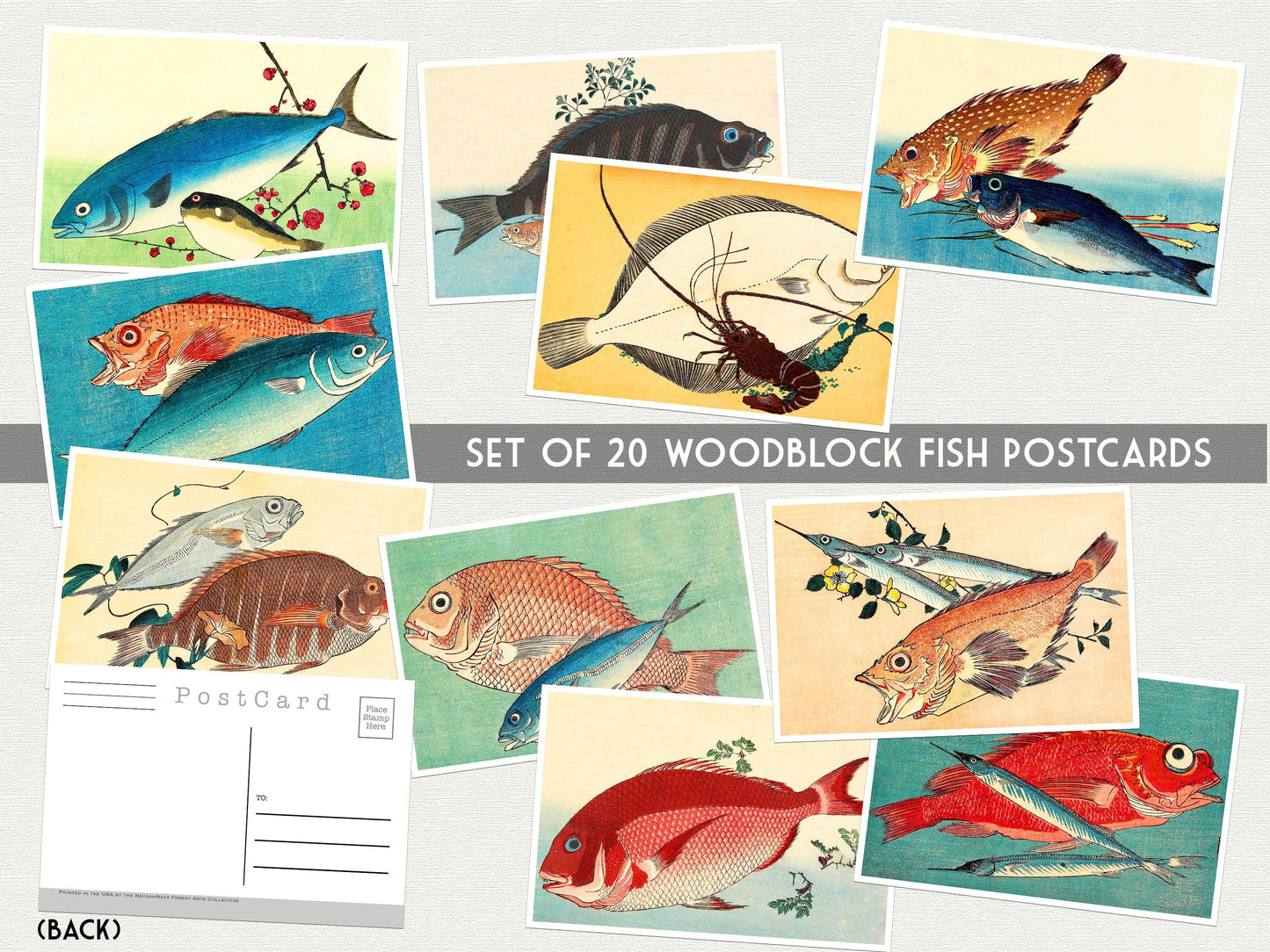 Vintage Japanese Fish Postcards – Set of 20 post cards - Ukiyo-e woodblock print postcards - Nature - Post Cards - Wall Art - Scrapbook