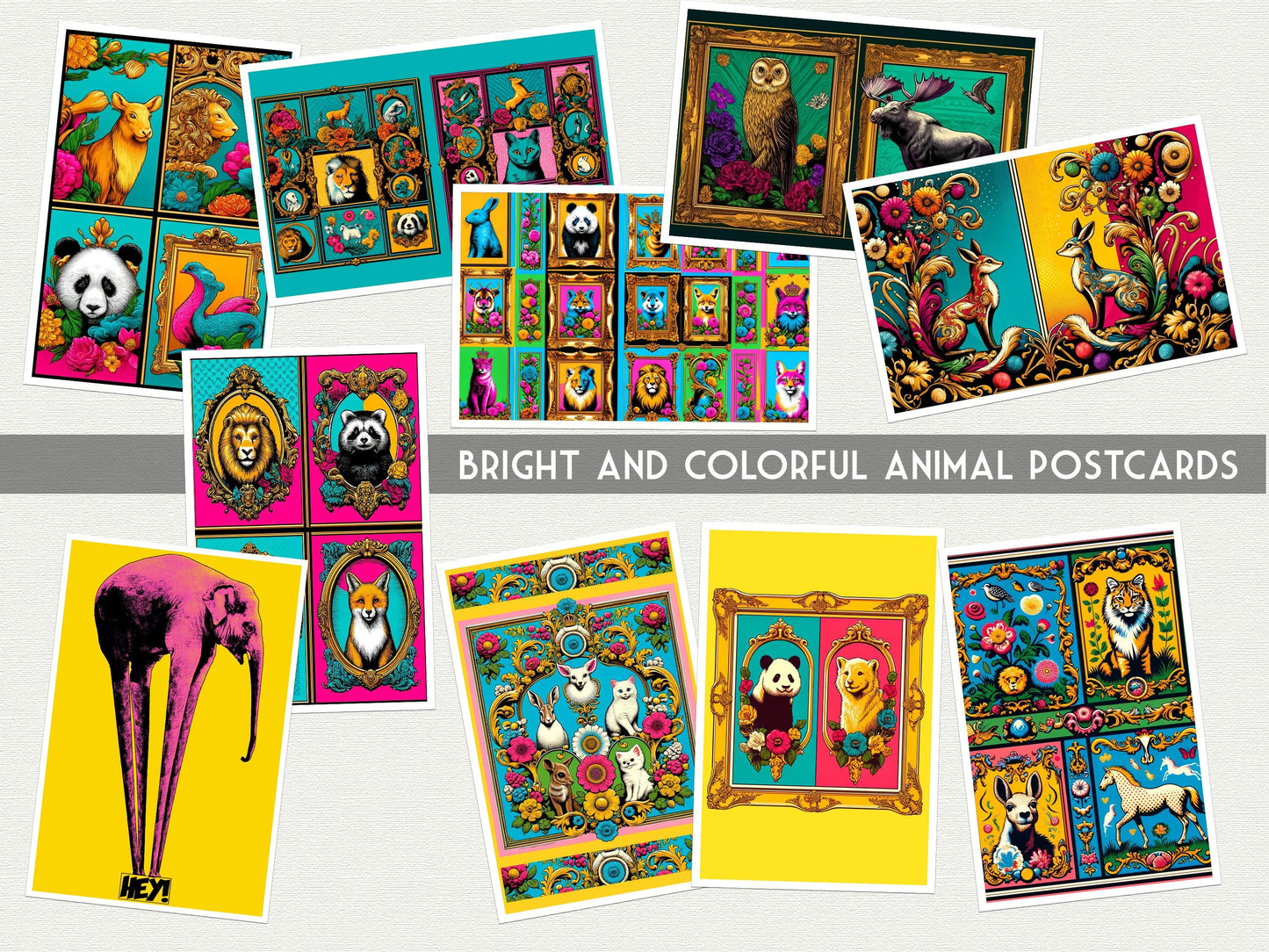 Pop Art Animal Postcards – 20 Vibrant Animal Art Prints - Colorful Pop Art Postcards – 20 Unique Animal Designs