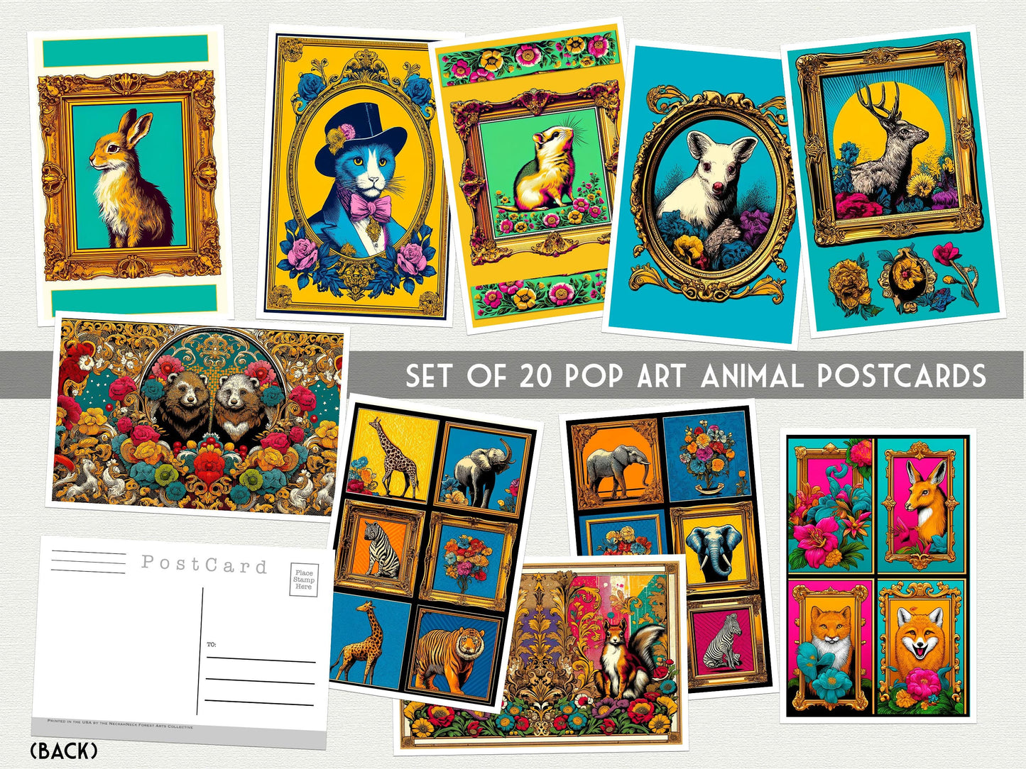 Pop Art Animal Postcards – 20 Vibrant Animal Art Prints - Colorful Pop Art Postcards – 20 Unique Animal Designs