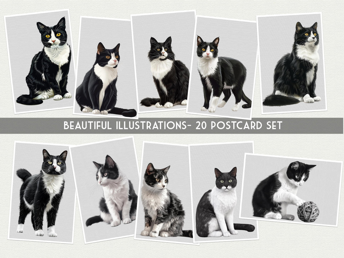 Tuxedo Cat Postcards – 20 Illustrated Cat Art Print Post cards -20 Postcard set - Scrapbooking - Letter Writing