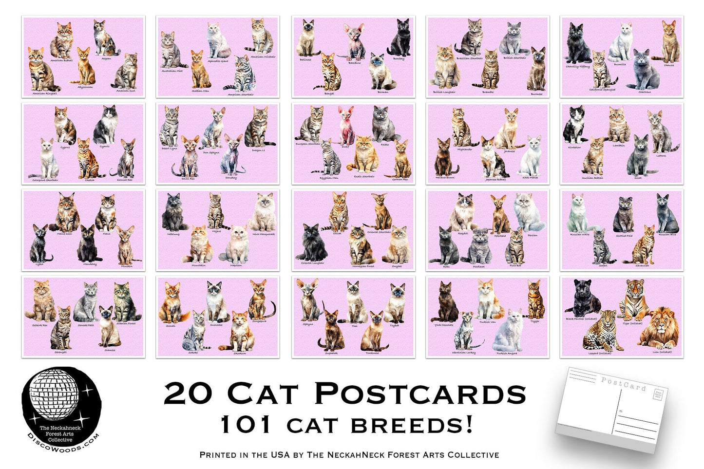 101 Cat Breeds Postcard Set – 20 Illustrated Cat Art Print Postcards -20 Postcard set - Scrapbooking - Letter Writing