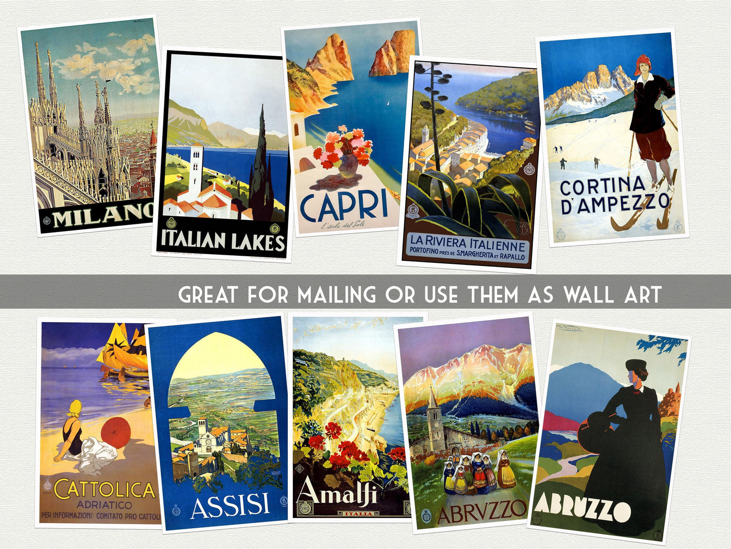 Vintage Italian Travel Postcards – 20 Retro Tourism Prints - set of 20 Italian Travel Poster art - Retro travel art - Italian travel gifts