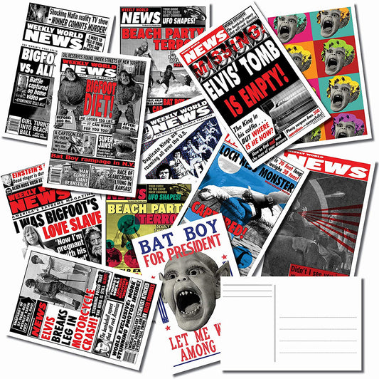 Weekly World News Postcard Bulk Pack of 25 – Fake News – Satire – Batboy – Fantasy Newspaper Post Cards