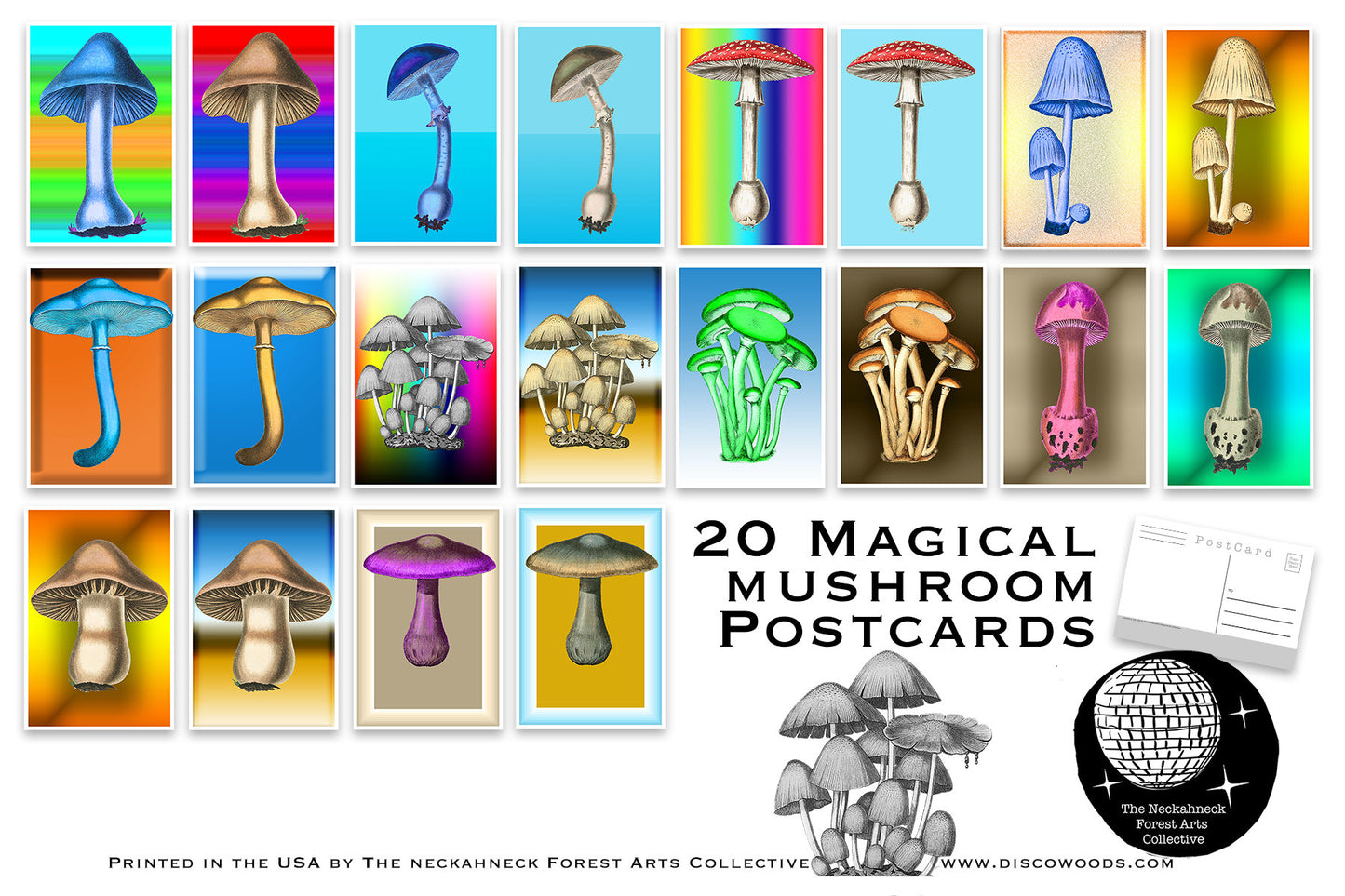 Magical Mushroom Postcard Set - 20 Postcards - Psychedelic - Nature - Scrapbooking Post Cards - Magic Mushrooms - Vintage illustrations