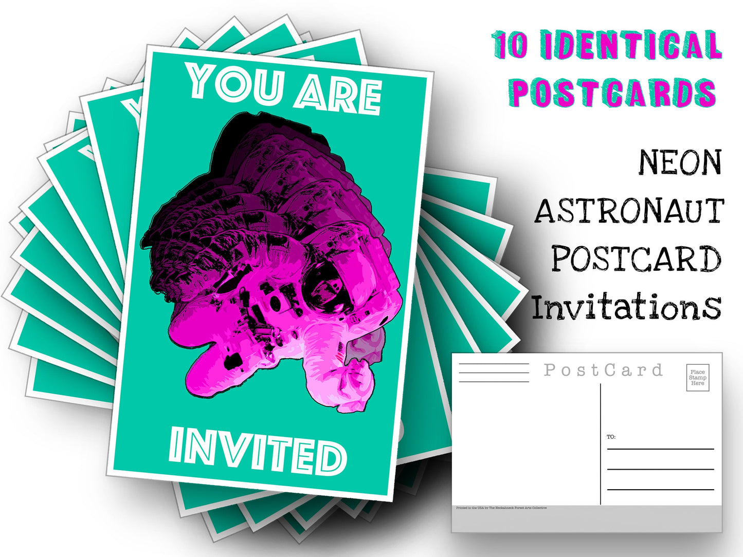 Neon Astronaut Invitation Postcards - 10 post card set - Great invitations - Space - Astronaut Post Card for mailing collage or scrapbook