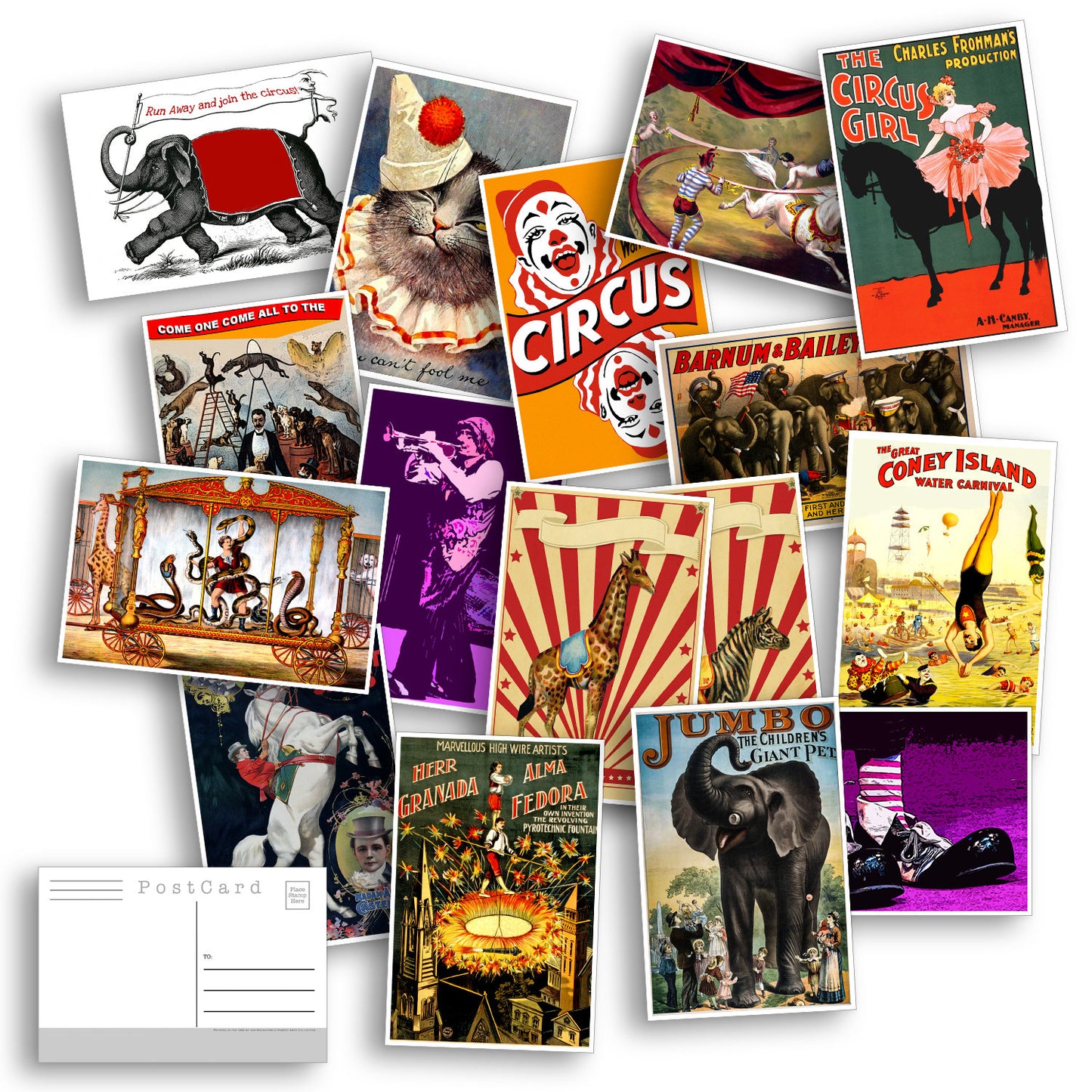 Circus Postcard set - 21 postcards featuring circus poster art, animals and clowns - gift set - scrapbooking - collage kit
