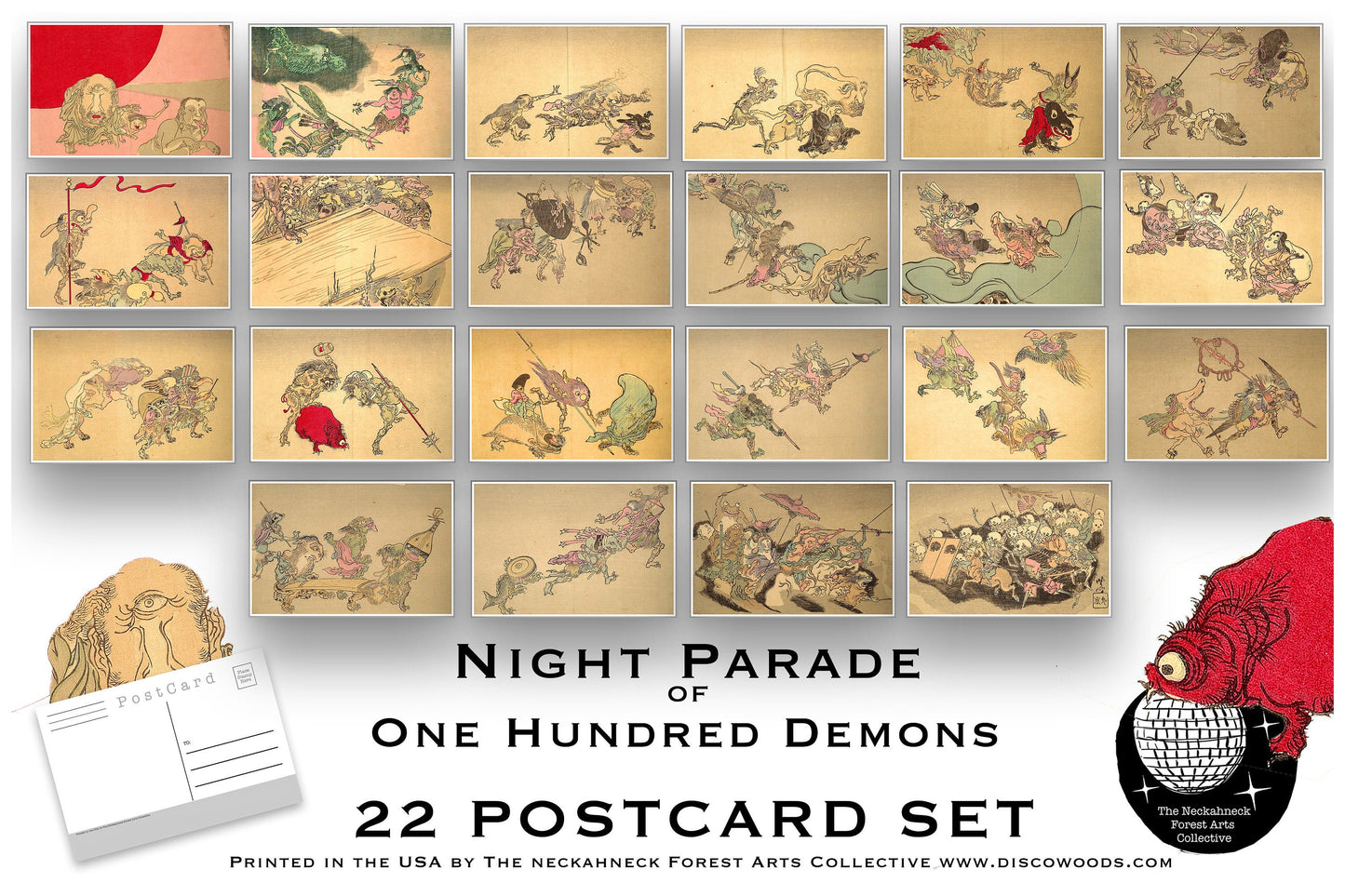 Night Parade of 100 Demons Postcard Set - Set of 22 Postcards - Kawanabe Kyōsai - Sci fi - Scrapbooking Post Cards - Monsters - Japanese Art