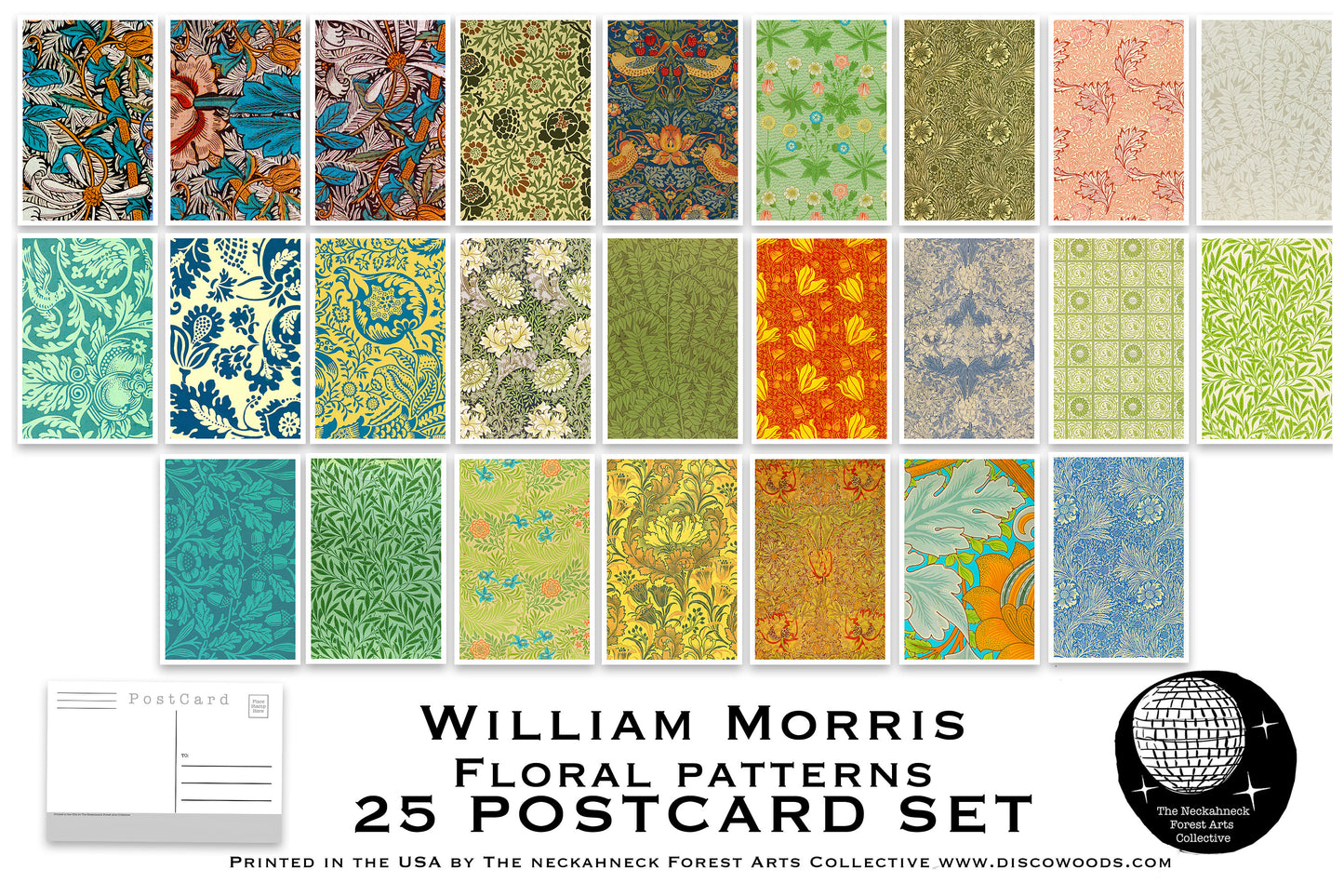 Floral Pattern Postcard Set - Set of 25 Artist Postcards - William Morris pattern art - flower prints -Scrapbooking - Vintage - art deco